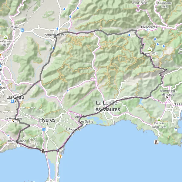 Zemljevid v pomanjšavi "Kolesarska pot skozi slikovite kraje" kolesarske inspiracije v Provence-Alpes-Côte d’Azur, France. Generirano z načrtovalcem kolesarskih poti Tarmacs.app