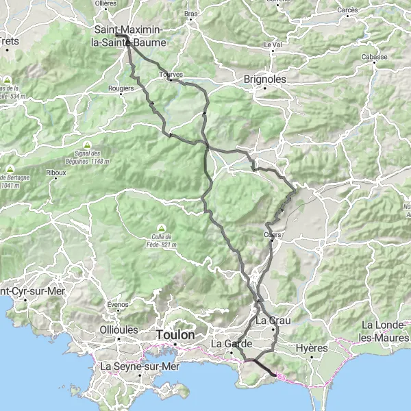 Kartminiatyr av "Utmanande rutt till Méounes-lès-Montrieux" cykelinspiration i Provence-Alpes-Côte d’Azur, France. Genererad av Tarmacs.app cykelruttplanerare