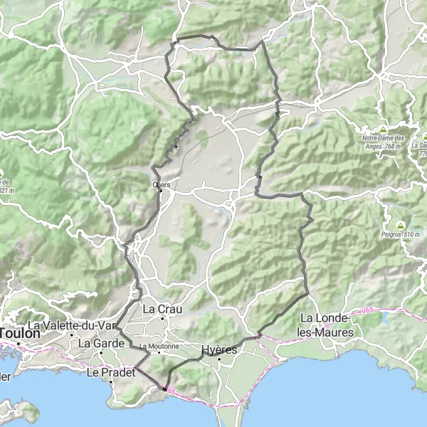 Mapa miniatúra "Okružná cyklistická trasa cez La Farlède, Table d'orientation a Hyères" cyklistická inšpirácia v Provence-Alpes-Côte d’Azur, France. Vygenerované cyklistickým plánovačom trás Tarmacs.app