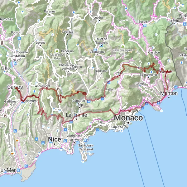 Miniatura mapy "Trasa gravelowa przez Monte-Carlo i Menton" - trasy rowerowej w Provence-Alpes-Côte d’Azur, France. Wygenerowane przez planer tras rowerowych Tarmacs.app