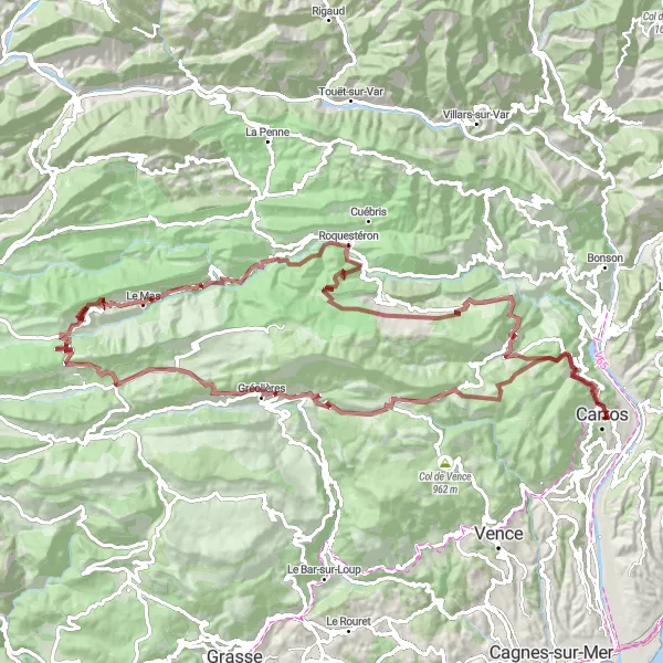 Miniatura mapy "Trasa gravelowa przez La Côte i Coursegoules" - trasy rowerowej w Provence-Alpes-Côte d’Azur, France. Wygenerowane przez planer tras rowerowych Tarmacs.app