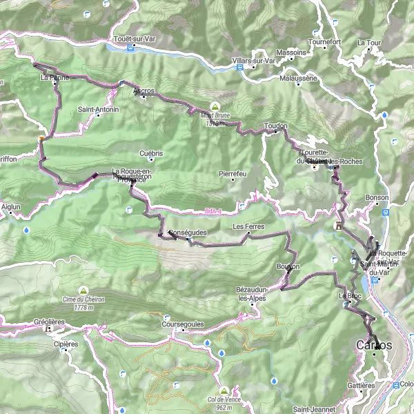 Miniaturní mapa "Okruh na cestních kolech kolem Carros" inspirace pro cyklisty v oblasti Provence-Alpes-Côte d’Azur, France. Vytvořeno pomocí plánovače tras Tarmacs.app