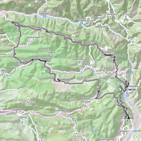 Zemljevid v pomanjšavi "Kolesarska pot na cestah blizu Carrosa" kolesarske inspiracije v Provence-Alpes-Côte d’Azur, France. Generirano z načrtovalcem kolesarskih poti Tarmacs.app