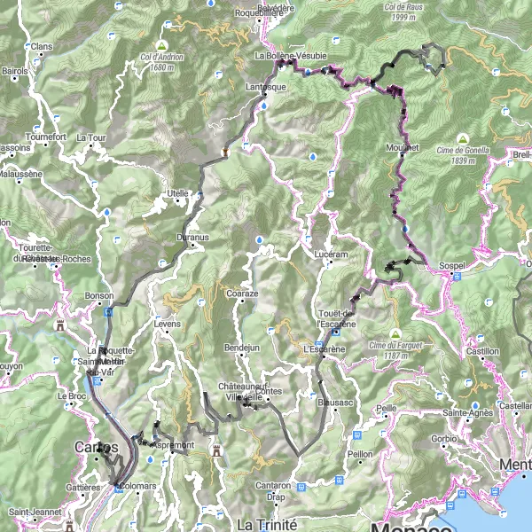 Kartminiatyr av "Utmanande cykeltur till Col de Turini och Cascade du Piaon" cykelinspiration i Provence-Alpes-Côte d’Azur, France. Genererad av Tarmacs.app cykelruttplanerare