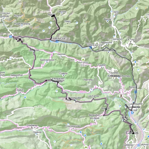 Mapa miniatúra "Okolo Puget-Théniers a Colline de Nona" cyklistická inšpirácia v Provence-Alpes-Côte d’Azur, France. Vygenerované cyklistickým plánovačom trás Tarmacs.app