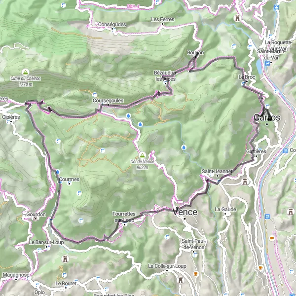 Miniaturní mapa "Cyklistická trasa Carros - Panorama - Vence - Courmes - La Côte - Bézaudun-les-Alpes - Table d'orientation - Le Broc" inspirace pro cyklisty v oblasti Provence-Alpes-Côte d’Azur, France. Vytvořeno pomocí plánovače tras Tarmacs.app