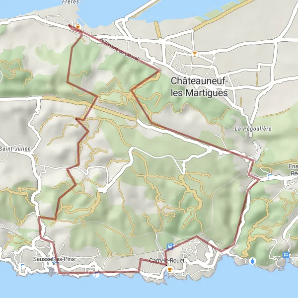 Map miniature of "Coastal Exploration" cycling inspiration in Provence-Alpes-Côte d’Azur, France. Generated by Tarmacs.app cycling route planner