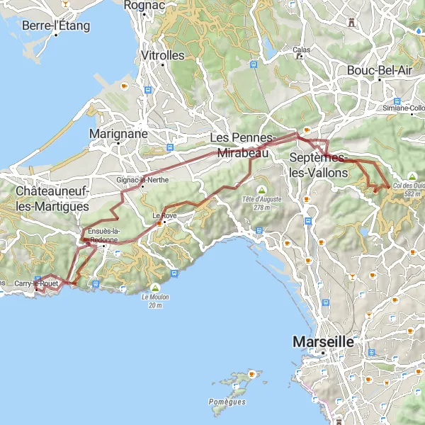 Karttaminiaatyyri "Ensuès-la-Redonne Gravel Route" pyöräilyinspiraatiosta alueella Provence-Alpes-Côte d’Azur, France. Luotu Tarmacs.app pyöräilyreittisuunnittelijalla