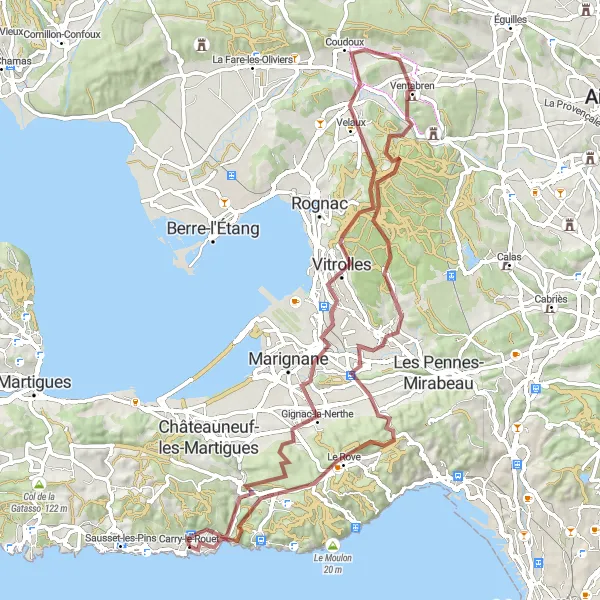 Map miniature of "Coastal Hinterland Explorer" cycling inspiration in Provence-Alpes-Côte d’Azur, France. Generated by Tarmacs.app cycling route planner