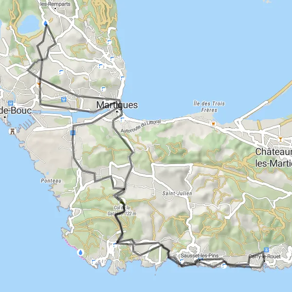 Karttaminiaatyyri "Martigues Loop" pyöräilyinspiraatiosta alueella Provence-Alpes-Côte d’Azur, France. Luotu Tarmacs.app pyöräilyreittisuunnittelijalla