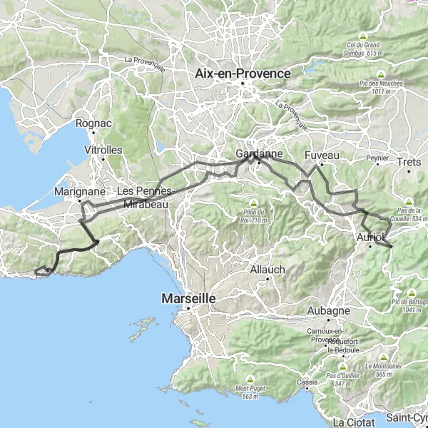 Map miniature of "Challenging Road Loop from Carry-le-Rouet" cycling inspiration in Provence-Alpes-Côte d’Azur, France. Generated by Tarmacs.app cycling route planner