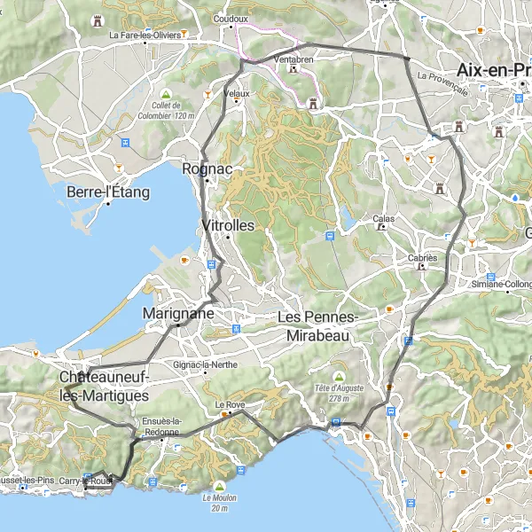 Map miniature of "Road to Countryside Delights" cycling inspiration in Provence-Alpes-Côte d’Azur, France. Generated by Tarmacs.app cycling route planner