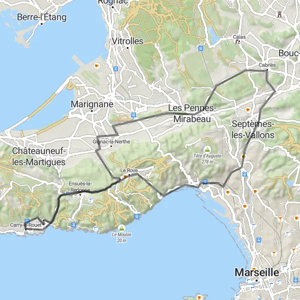 Map miniature of "Road Loop from Carry-le-Rouet" cycling inspiration in Provence-Alpes-Côte d’Azur, France. Generated by Tarmacs.app cycling route planner