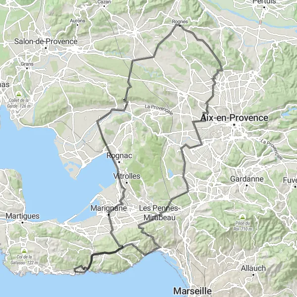 Karttaminiaatyyri "Jännittävä maantiepyöräreitti Provencessa" pyöräilyinspiraatiosta alueella Provence-Alpes-Côte d’Azur, France. Luotu Tarmacs.app pyöräilyreittisuunnittelijalla