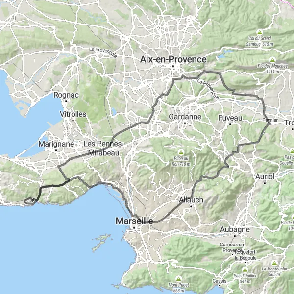 Karttaminiaatyyri "Monipuolinen maantiepyöräreitti Provencessa" pyöräilyinspiraatiosta alueella Provence-Alpes-Côte d’Azur, France. Luotu Tarmacs.app pyöräilyreittisuunnittelijalla