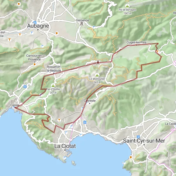 Karttaminiaatyyri "Polkupyöräilyretki Pas d'Ouillierilta La Savonnerie de Cassisiin" pyöräilyinspiraatiosta alueella Provence-Alpes-Côte d’Azur, France. Luotu Tarmacs.app pyöräilyreittisuunnittelijalla