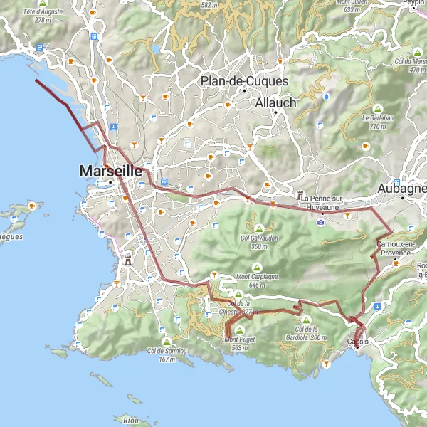 Zemljevid v pomanjšavi "Gravel ciklična pot iz Cassisa do La Penne-sur-Huveaune" kolesarske inspiracije v Provence-Alpes-Côte d’Azur, France. Generirano z načrtovalcem kolesarskih poti Tarmacs.app