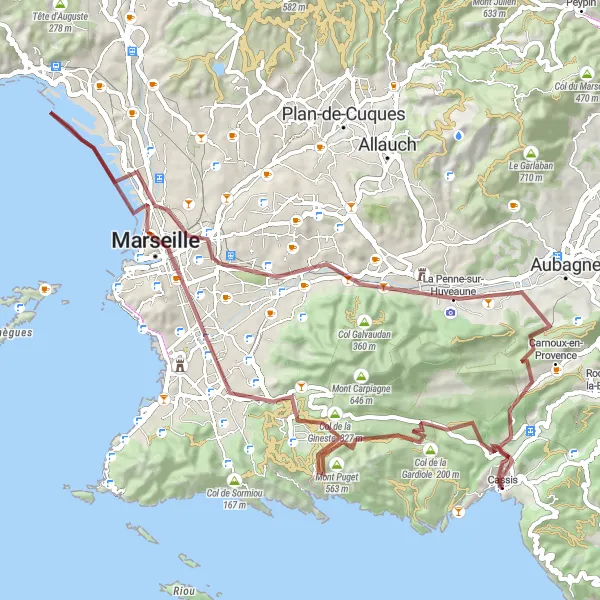 Miniature de la carte de l'inspiration cycliste "Boucle Gravel autour de Marseille" dans la Provence-Alpes-Côte d’Azur, France. Générée par le planificateur d'itinéraire cycliste Tarmacs.app