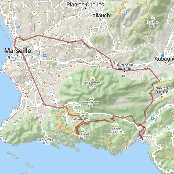 Miniature de la carte de l'inspiration cycliste "Les Collines de Marseille" dans la Provence-Alpes-Côte d’Azur, France. Générée par le planificateur d'itinéraire cycliste Tarmacs.app