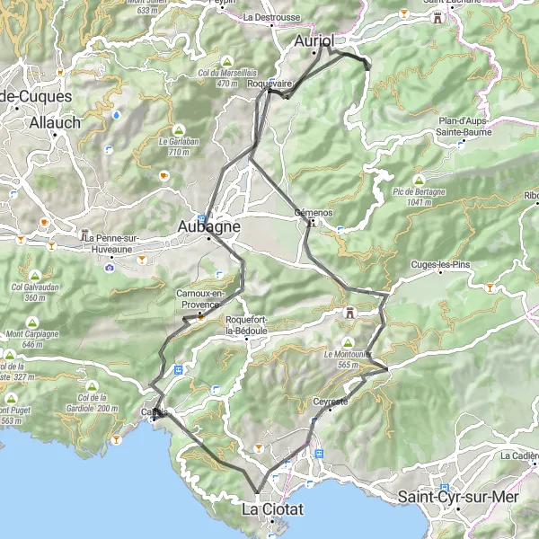 Zemljevid v pomanjšavi "Ciklična pot od Cassis do Col de l'Ange" kolesarske inspiracije v Provence-Alpes-Côte d’Azur, France. Generirano z načrtovalcem kolesarskih poti Tarmacs.app