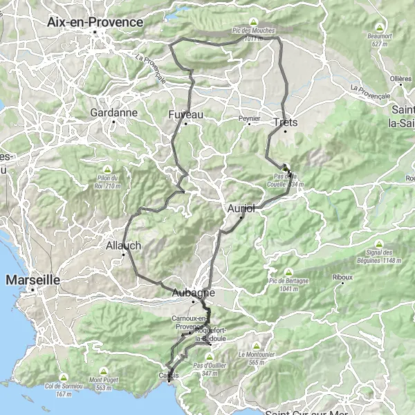 Zemljevid v pomanjšavi "Zahtevna ciklična pot od Cassisa do Four Banal" kolesarske inspiracije v Provence-Alpes-Côte d’Azur, France. Generirano z načrtovalcem kolesarskih poti Tarmacs.app