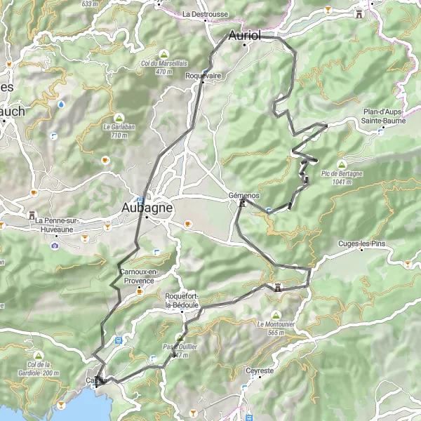 Miniature de la carte de l'inspiration cycliste "Tour du Col de l'Espigoulier depuis Cassis" dans la Provence-Alpes-Côte d’Azur, France. Générée par le planificateur d'itinéraire cycliste Tarmacs.app