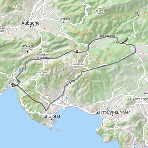 Karten-Miniaturansicht der Radinspiration "Herausfordernde Straßenrunde durch Cassis und Umgebung" in Provence-Alpes-Côte d’Azur, France. Erstellt vom Tarmacs.app-Routenplaner für Radtouren
