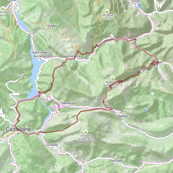 Karttaminiaatyyri "Kapeita ja mutkaisia polkuja Gravel-pyöräilyn ystäville" pyöräilyinspiraatiosta alueella Provence-Alpes-Côte d’Azur, France. Luotu Tarmacs.app pyöräilyreittisuunnittelijalla