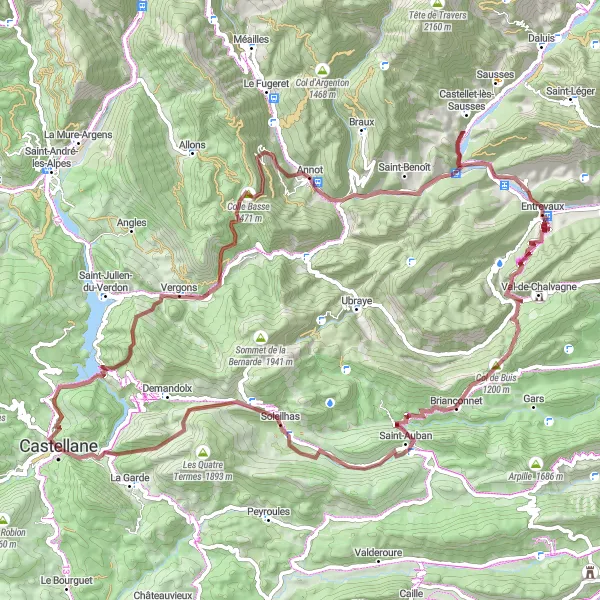 Map miniature of "Alpes-de-Haute-Provence Gravel Adventure" cycling inspiration in Provence-Alpes-Côte d’Azur, France. Generated by Tarmacs.app cycling route planner