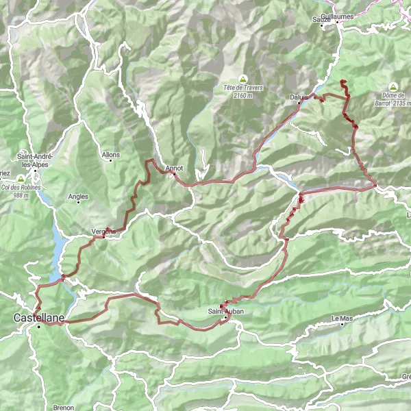 Map miniature of "Gravel Adventure Loop from Castellane" cycling inspiration in Provence-Alpes-Côte d’Azur, France. Generated by Tarmacs.app cycling route planner