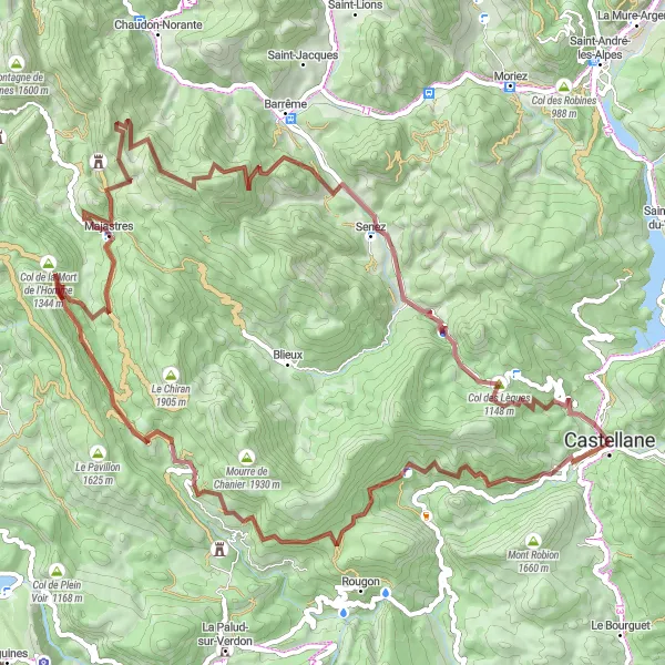 Kartminiatyr av "Utfordrende grusrute gjennom Alpene" sykkelinspirasjon i Provence-Alpes-Côte d’Azur, France. Generert av Tarmacs.app sykkelrutoplanlegger