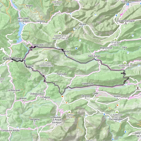 Karttaminiaatyyri "Kiertomatka Le Rocista Castellaneen" pyöräilyinspiraatiosta alueella Provence-Alpes-Côte d’Azur, France. Luotu Tarmacs.app pyöräilyreittisuunnittelijalla