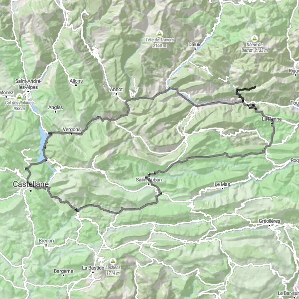 Miniatua del mapa de inspiración ciclista "Ruta por carretera hasta Puget-Théniers y Peyroules" en Provence-Alpes-Côte d’Azur, France. Generado por Tarmacs.app planificador de rutas ciclistas