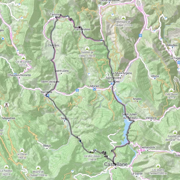 Mapa miniatúra "Cyklotrasa Barrême - Saint-André-les-Alpes" cyklistická inšpirácia v Provence-Alpes-Côte d’Azur, France. Vygenerované cyklistickým plánovačom trás Tarmacs.app