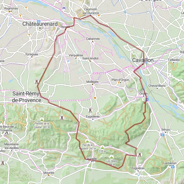 Kartminiatyr av "Grusvei tur til Noves via Orgon og Aureille" sykkelinspirasjon i Provence-Alpes-Côte d’Azur, France. Generert av Tarmacs.app sykkelrutoplanlegger