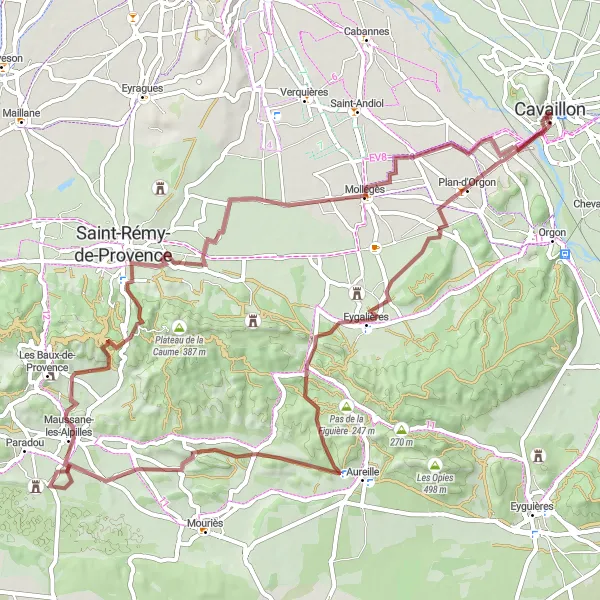 Map miniature of "Gravel Adventure through Alpilles Natural Park" cycling inspiration in Provence-Alpes-Côte d’Azur, France. Generated by Tarmacs.app cycling route planner