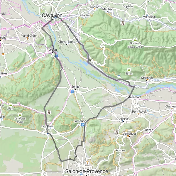 Mapa miniatúra "Okružná cyklistická trasa Cavaillon - Gros Mourre - Lamanon - Eyguières - Orgon - La Durance" cyklistická inšpirácia v Provence-Alpes-Côte d’Azur, France. Vygenerované cyklistickým plánovačom trás Tarmacs.app