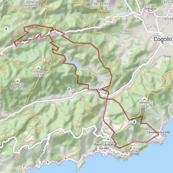 Miniatua del mapa de inspiración ciclista "Aventura en caminos de grava alrededor de Cavalaire-sur-Mer" en Provence-Alpes-Côte d’Azur, France. Generado por Tarmacs.app planificador de rutas ciclistas