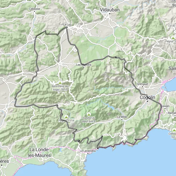 Miniaturní mapa "Náročná cyklistická trasa s výhledy" inspirace pro cyklisty v oblasti Provence-Alpes-Côte d’Azur, France. Vytvořeno pomocí plánovače tras Tarmacs.app