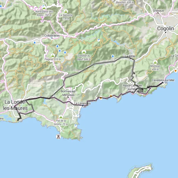 Miniaturekort af cykelinspirationen "Long Road Cycling Route near Cavalaire-sur-Mer" i Provence-Alpes-Côte d’Azur, France. Genereret af Tarmacs.app cykelruteplanlægger
