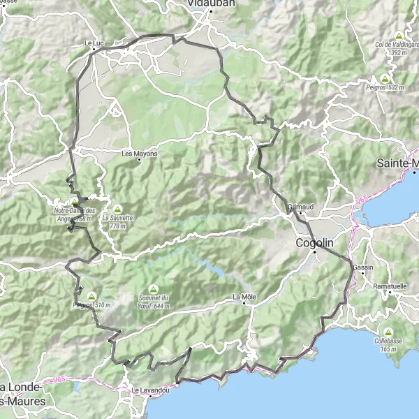 Zemljevid v pomanjšavi "Cavalaire-sur-Mer - Bari du Vieux Cannet" kolesarske inspiracije v Provence-Alpes-Côte d’Azur, France. Generirano z načrtovalcem kolesarskih poti Tarmacs.app