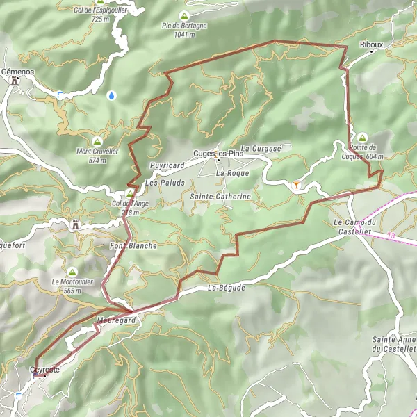 Kartminiatyr av "Gruskörning till Pointe de Cuques" cykelinspiration i Provence-Alpes-Côte d’Azur, France. Genererad av Tarmacs.app cykelruttplanerare