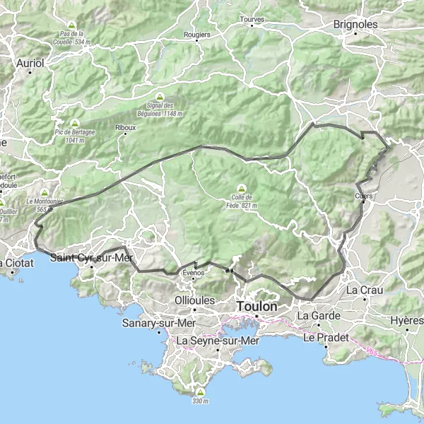 Karttaminiaatyyri "Vuoristoreitti Provencessa" pyöräilyinspiraatiosta alueella Provence-Alpes-Côte d’Azur, France. Luotu Tarmacs.app pyöräilyreittisuunnittelijalla