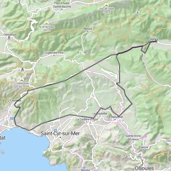 Zemljevid v pomanjšavi "Kolesarjenje po slikoviti Provansi" kolesarske inspiracije v Provence-Alpes-Côte d’Azur, France. Generirano z načrtovalcem kolesarskih poti Tarmacs.app