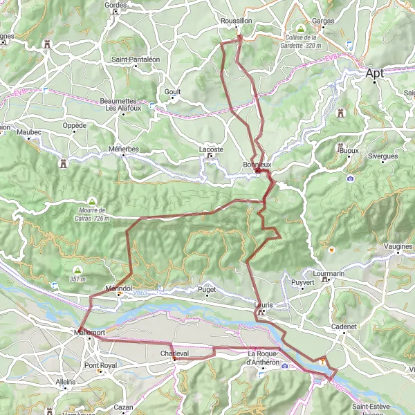 Map miniature of "Natural Beauty of Mallemort and Bonnieux" cycling inspiration in Provence-Alpes-Côte d’Azur, France. Generated by Tarmacs.app cycling route planner