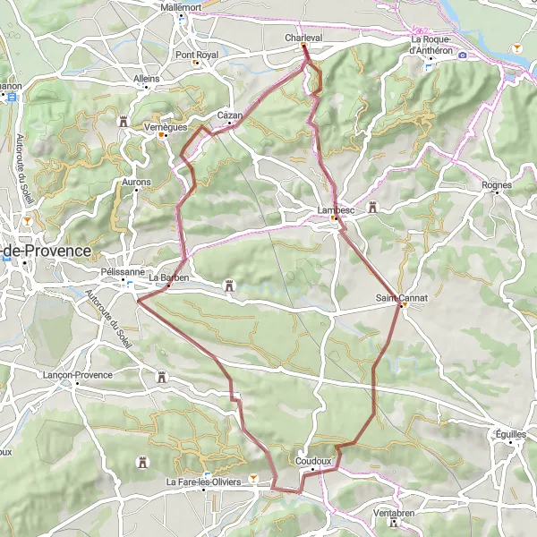 Kartminiatyr av "Grusväg genom Lambesc och Coudoux" cykelinspiration i Provence-Alpes-Côte d’Azur, France. Genererad av Tarmacs.app cykelruttplanerare