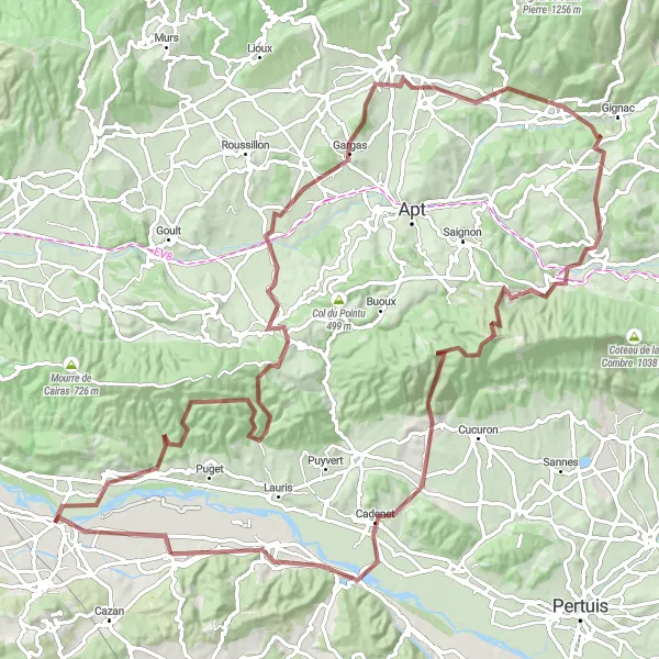 Miniatua del mapa de inspiración ciclista "Aventura de grava en Mallemort" en Provence-Alpes-Côte d’Azur, France. Generado por Tarmacs.app planificador de rutas ciclistas