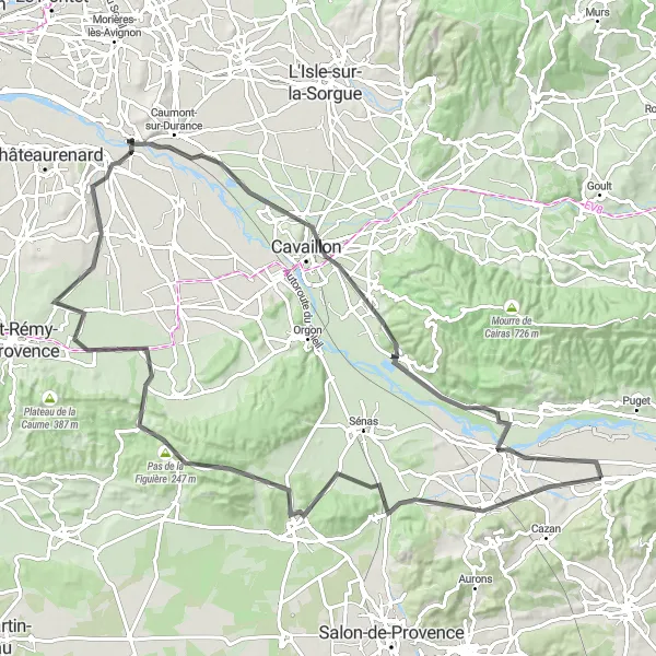 Map miniature of "Scenic Ride through Alleins and Noves" cycling inspiration in Provence-Alpes-Côte d’Azur, France. Generated by Tarmacs.app cycling route planner