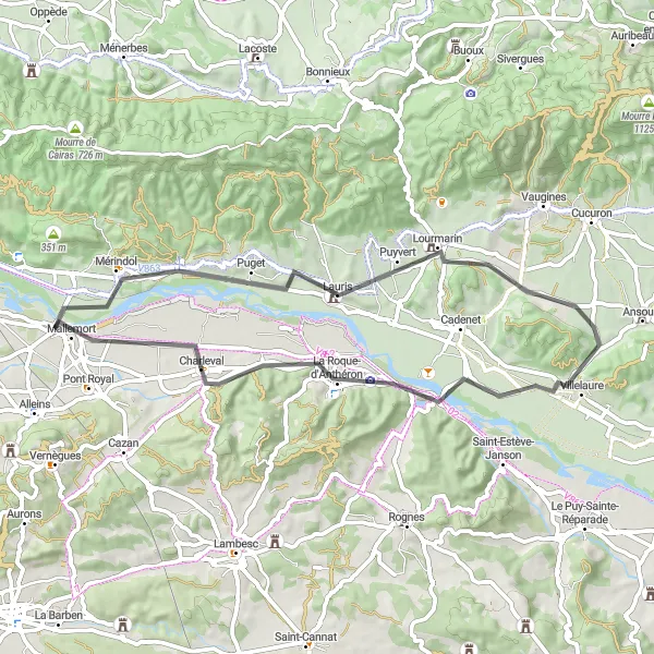 Map miniature of "Scenic Road Ride through Lauris and Villelaure" cycling inspiration in Provence-Alpes-Côte d’Azur, France. Generated by Tarmacs.app cycling route planner