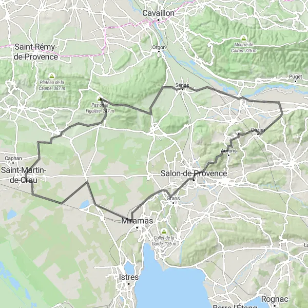 Map miniature of "Charleval Highlights" cycling inspiration in Provence-Alpes-Côte d’Azur, France. Generated by Tarmacs.app cycling route planner